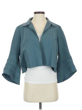 Maria Pinto Cropped Open-Front Jacket in Teal with Flared Tiered Sleeves